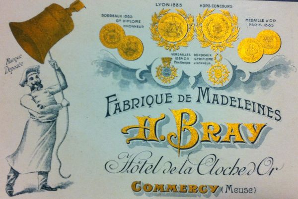 Etiquette de boite de madeleines H. Bray hôtel de la cloche d'or à Commercy, vers 1930